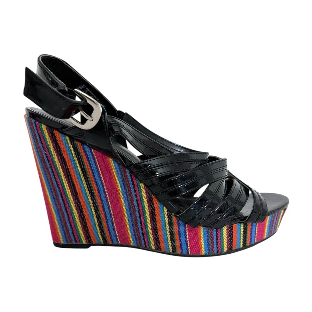 Westies Black Multicolored Stripe Platform Wedge Sandals Size 9 Bohemian Y2K